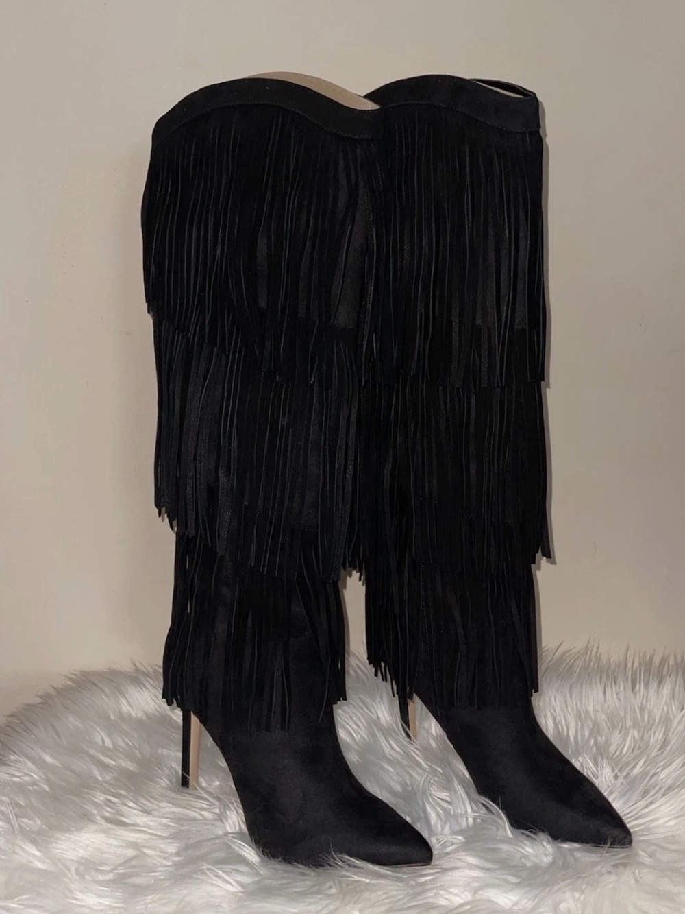 Nine West Tasels Black Pointed Toe Stiletto Heel Fringe Western Knee High Boots